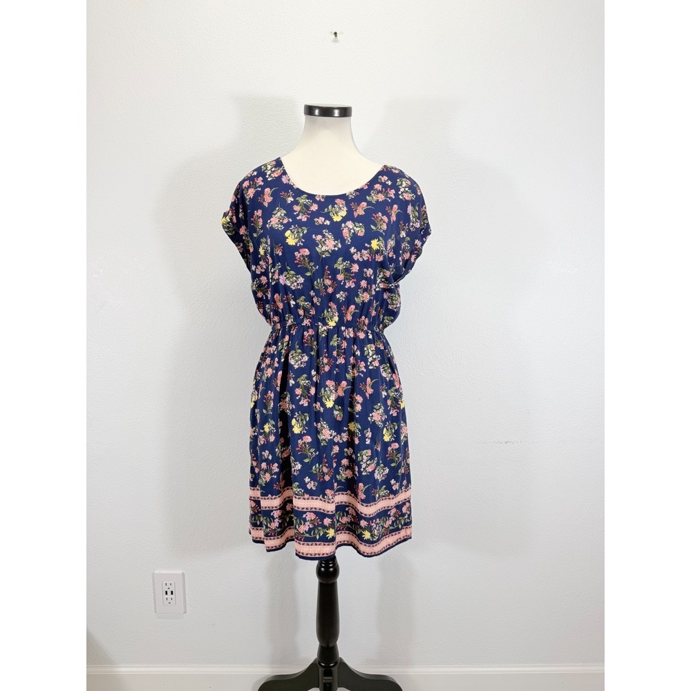 Pink Republic Floral Pockets Keyhole Back Cap Sleeve Navy Multi Mini‎ Dress M